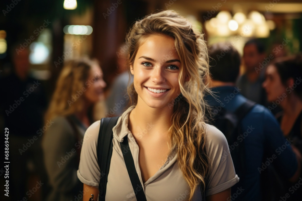 Obraz premium Portrait of beautiful smiling woman looking at camera. Female traveler in hotel
