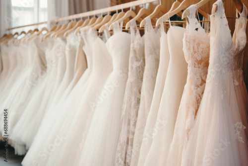 Elegant wedding dresses hanging on hangers in shop. Bridal dress in wedding boutique salon