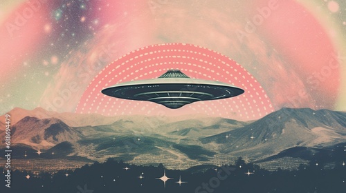 Generative AI  Vintage risograph collage of alien UFO in space  pastel halftone  geometric shapes  abstract grain texture