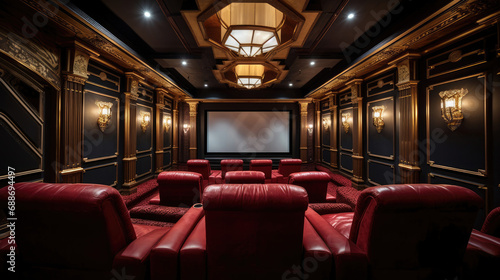 Opulent cinema velvet reclining seats gold accents coffered ceiling ambient lighting luxurious ambiance