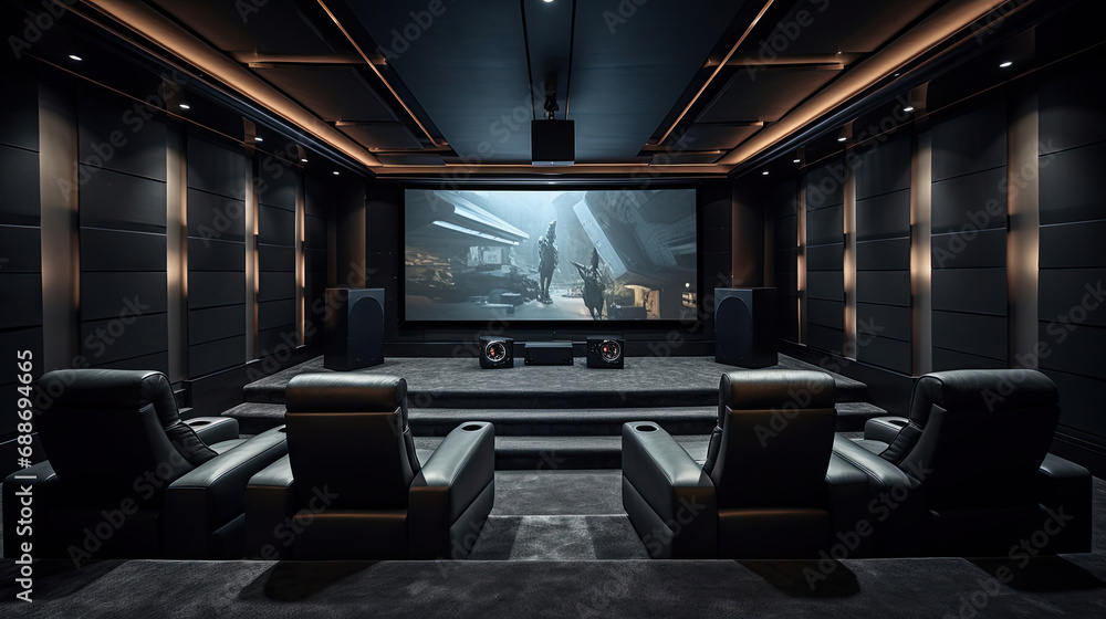 State-of-the-art cinema leather seating acoustically treated walls.  sound 100-inch MicroLED display