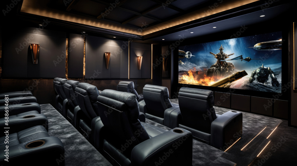 Sophisticated cinema motorized leather recliners coffered ceiling. 150-inch TV screen 8K resolution