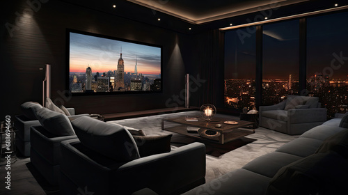 Contemporary penthouse cinema leather seating acoustically treated walls.  sound 120-inch 8K screen photo