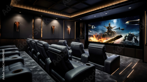 Sophisticated cinema motorized leather recliners coffered ceiling. 150-inch TV screen 8K resolution