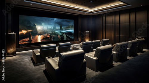 Minimalist cinema leather seating acoustically treated walls. sound 100-inch MicroLED display photo