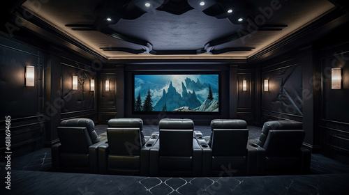 Ultra-modern theater motorized leather recliners coffered ceiling. 150-inch TV screen 8K resolution photo