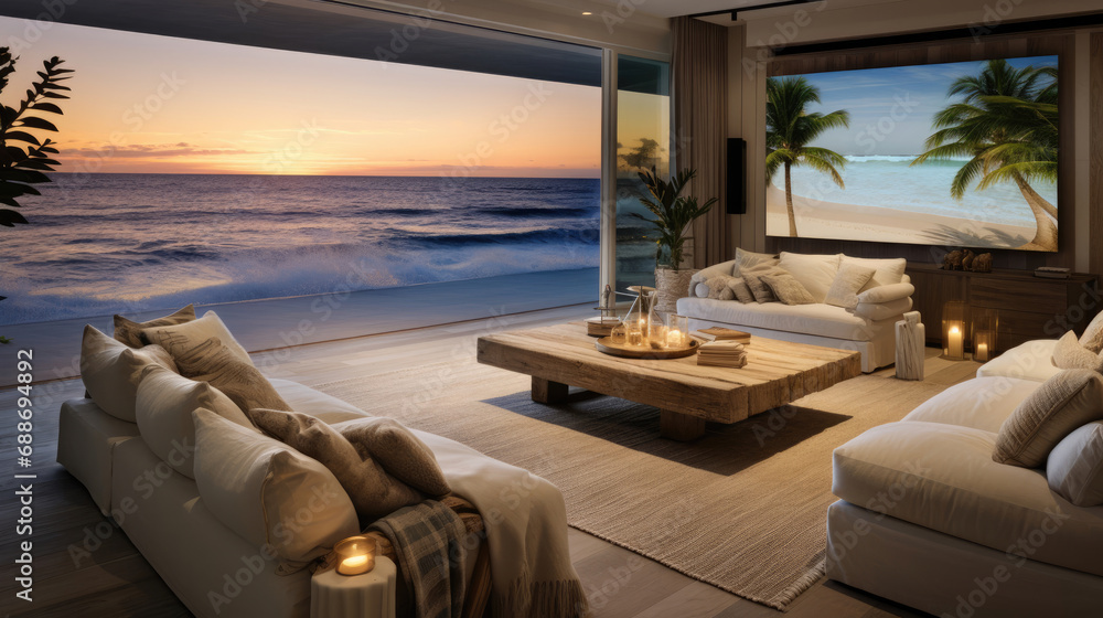 Fototapeta premium Coastal-themed beachfront villa cinema sand-colored linen seating shiplap walls 110-inch 4K TV screen