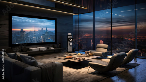 Penthouse cinema levitating seating dynamic TV panels 180-inch MicroLED screen object-based audio system © javier