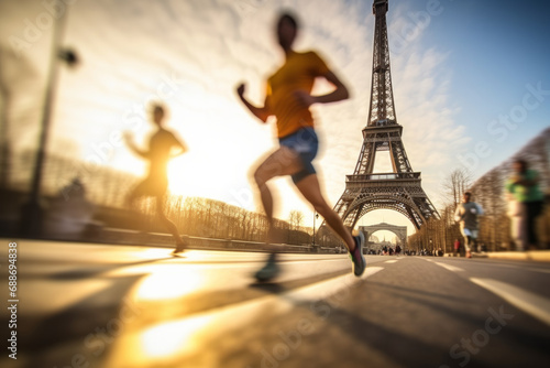 Motion blur of athletes as they run past the Eiffel Tower in Paris, France during a sports race photo