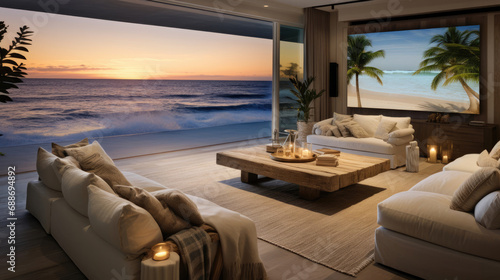 Coastal-themed beachfront villa cinema sand-colored linen seating shiplap walls 110-inch 4K TV screen © javier