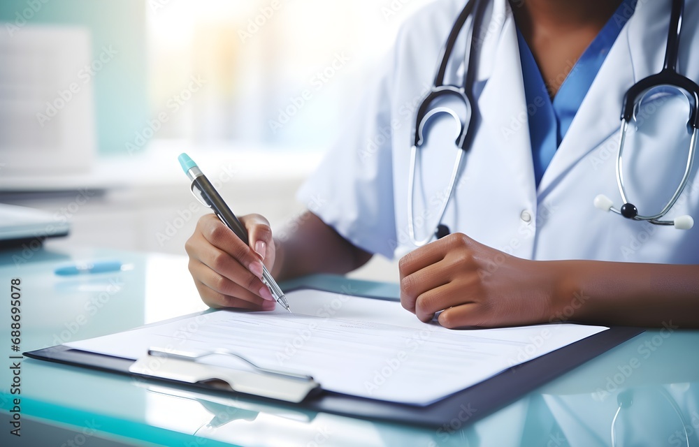 hands of female doctor filling up medical form at clipboard on blurred hospital background hands of female doctor filling up medical form at clipboard on blurred hospital background