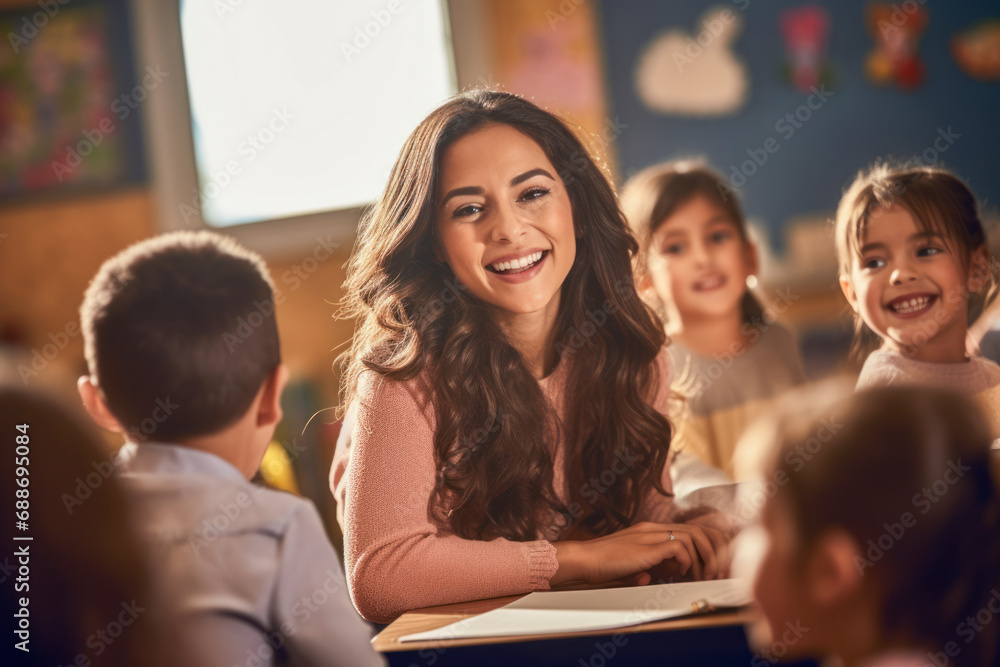 Portrait of a gorgeous Hispanic preschool teacher teaching her students in a classroom. Portrait of a gorgeous Hispanic preschool teacher teaching her students in a classroom.