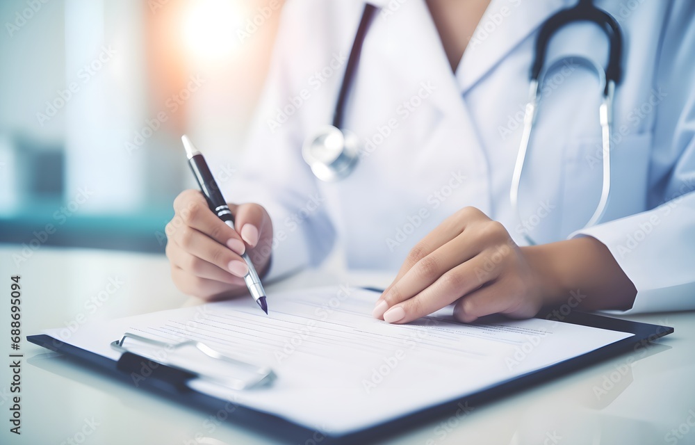 hands of female doctor filling up medical form at clipboard on blurred hospital background hands of female doctor filling up medical form at clipboard on blurred hospital background
