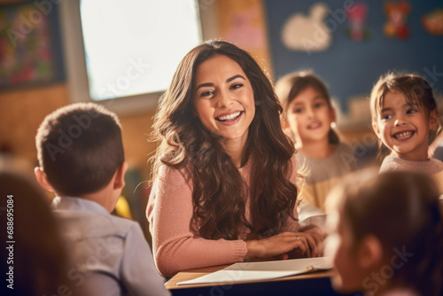 Portrait of a gorgeous Hispanic preschool teacher teaching her students in a classroom.