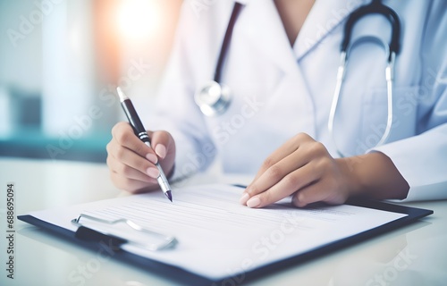 hands of female doctor filling up medical form at clipboard on blurred hospital background