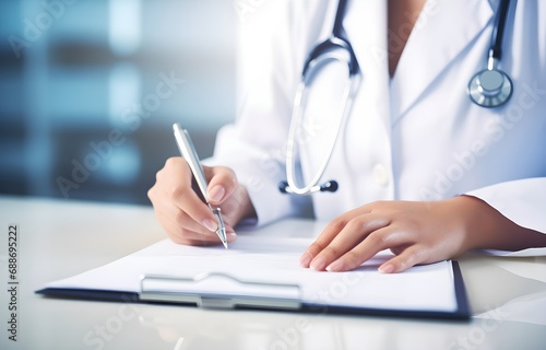 hands of female doctor filling up medical form at clipboard on blurred hospital background