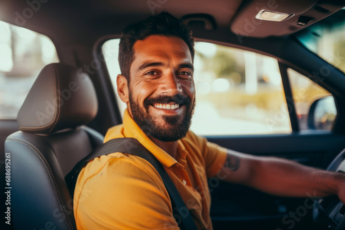 Portrait of an attractive latin man smiling before starting to work as a taxi driver of a car sharing service.