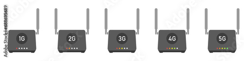 Set of Wi-Fi routers vector. Internet speed indication on the router vector. File transfer via Wi-Fi. Fast file transfer vector. Internet network symbol. Internet speed.
