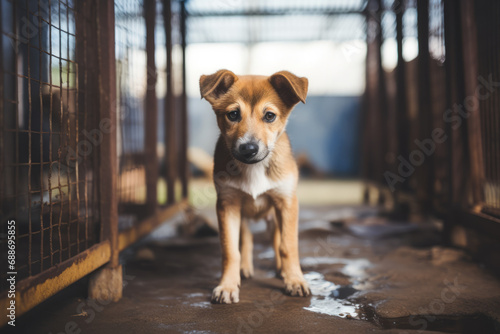 Stray homeless dog standing near animal cage. Sad hungry dog near old rusty grid of the cage in abandoned place. Dog adoption, rescue, help for pets photo