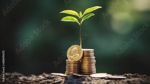 Growing Plant on Stacked Coins, Money Saving, Symbol, Finance, Investment