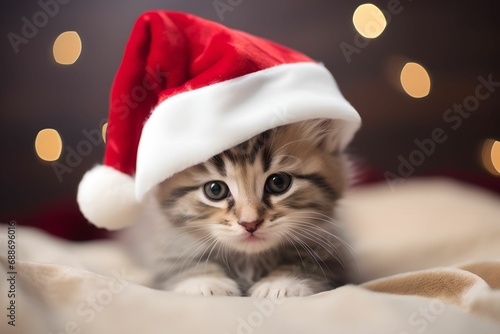 Charming Christmas Kitten in Red Santa Hat, close portrait, adorable little kitten cat, red Santa cap hat, charming Christmas scene