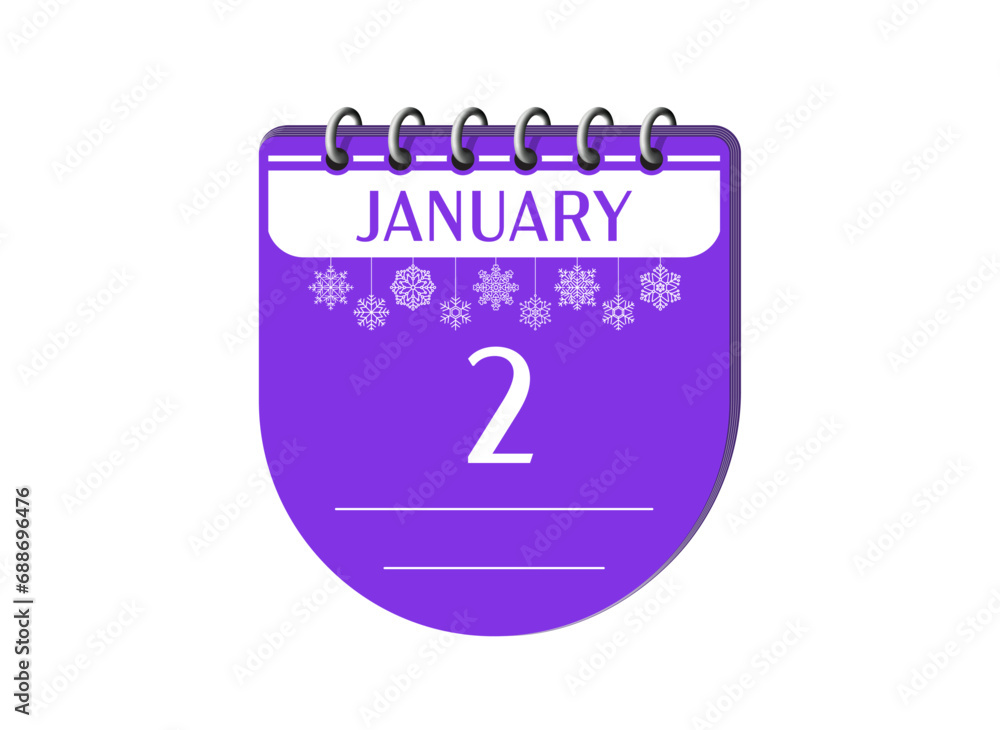 2 january new year holiday memo notebook calendar page with date, snowflake. 3d one day purple winter holiday calendar date appointment, event reminder illustration. 2 january new year holiday memo notebook calendar page with date, snowflake. 3d one day purple winter holiday calendar date appointment, event reminder illustration.