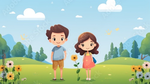 Summer time young couple picnic in outdoor beautiful park  cartoon illustration.