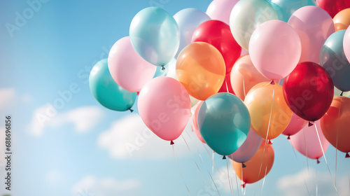 Colorful Balloons Floating in the Blue Sky - A Whimsical Display of Joy and Celebration.