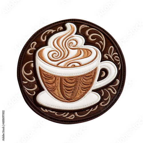 embroidered coffee cup sticker isolated on transparent background Remove png, Clipping Path, pen tool