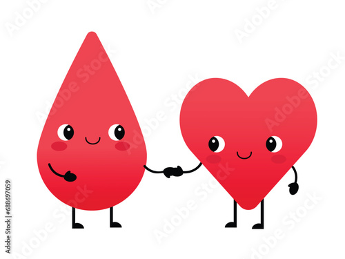 Cute characters - blood drop and heart holding hands together, blood donation concept. Isolated vector illustration