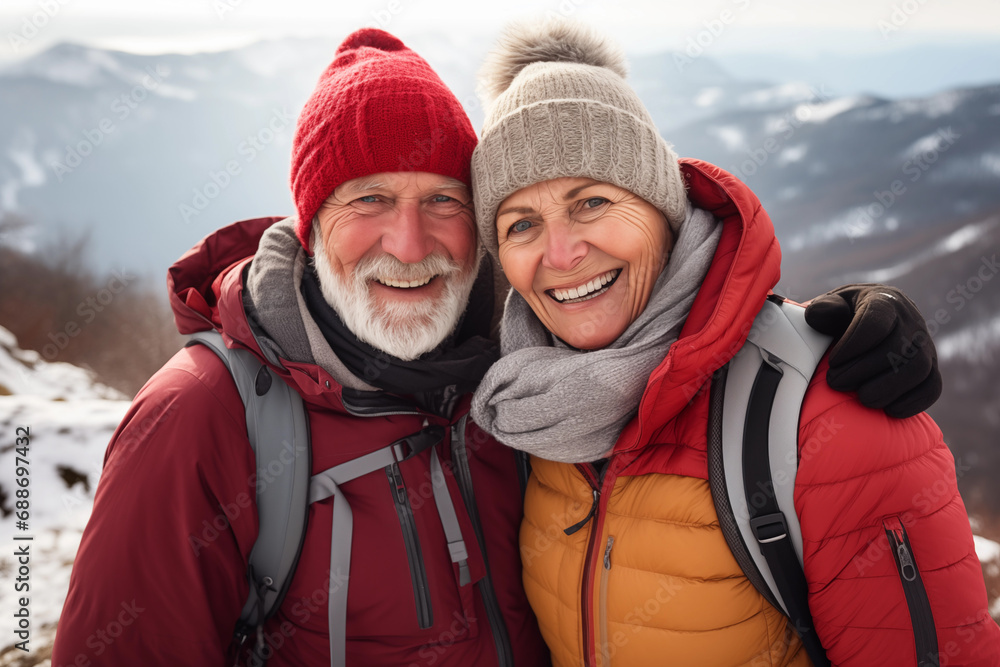 Portrait of a happy senior couple looking at camera in winter mountains. Sunny cold day Portrait of a happy senior couple looking at camera in winter mountains. Sunny cold day