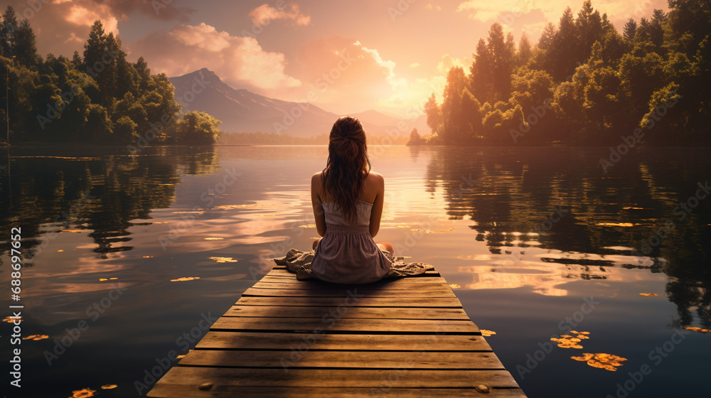 A woman sits on a wooden jetty, her feet in the water. She looks out over the lake, her face serene. The scene is a picture of peace and tranquility. ai generated. - obrazy, fototapety, plakaty 