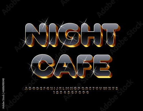 Vector elite signboard Night Cafe. Gold and Black Glossy Font with sparkling Stars. Trendy Alphabet Letters and Numbers set.