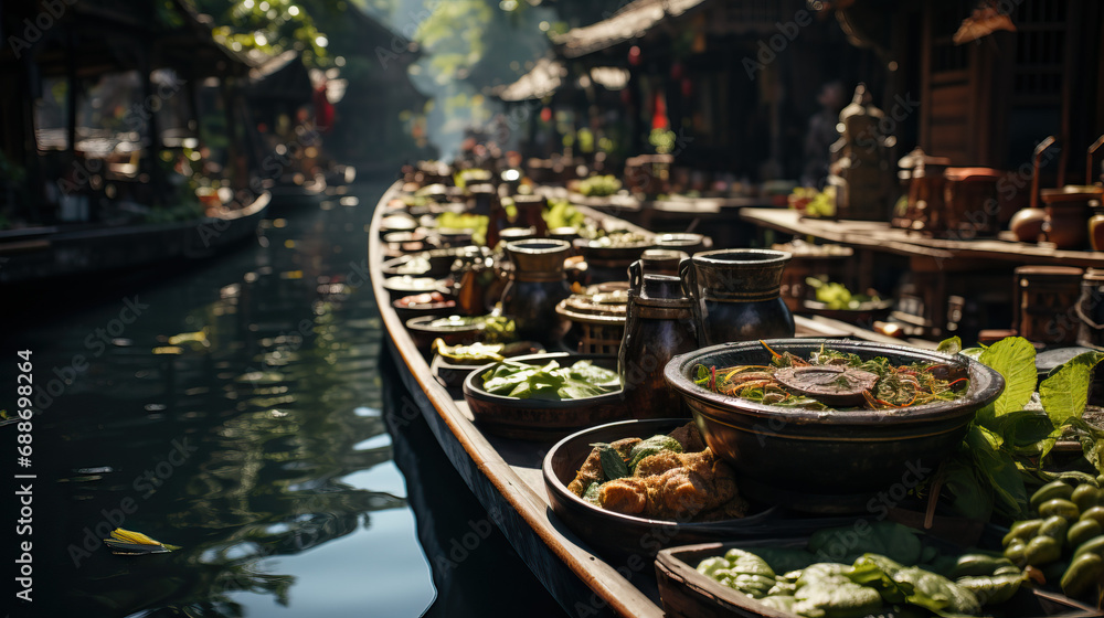 Obraz premium Thai Floating Market Boat Vendor. Concept of Traditional Commerce, Riverside Culture, and Culinary Delights