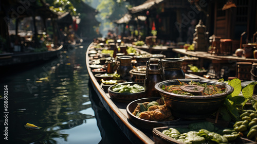 Thai Floating Market Boat Vendor. Concept of Traditional Commerce, Riverside Culture, and Culinary Delights © Lila Patel