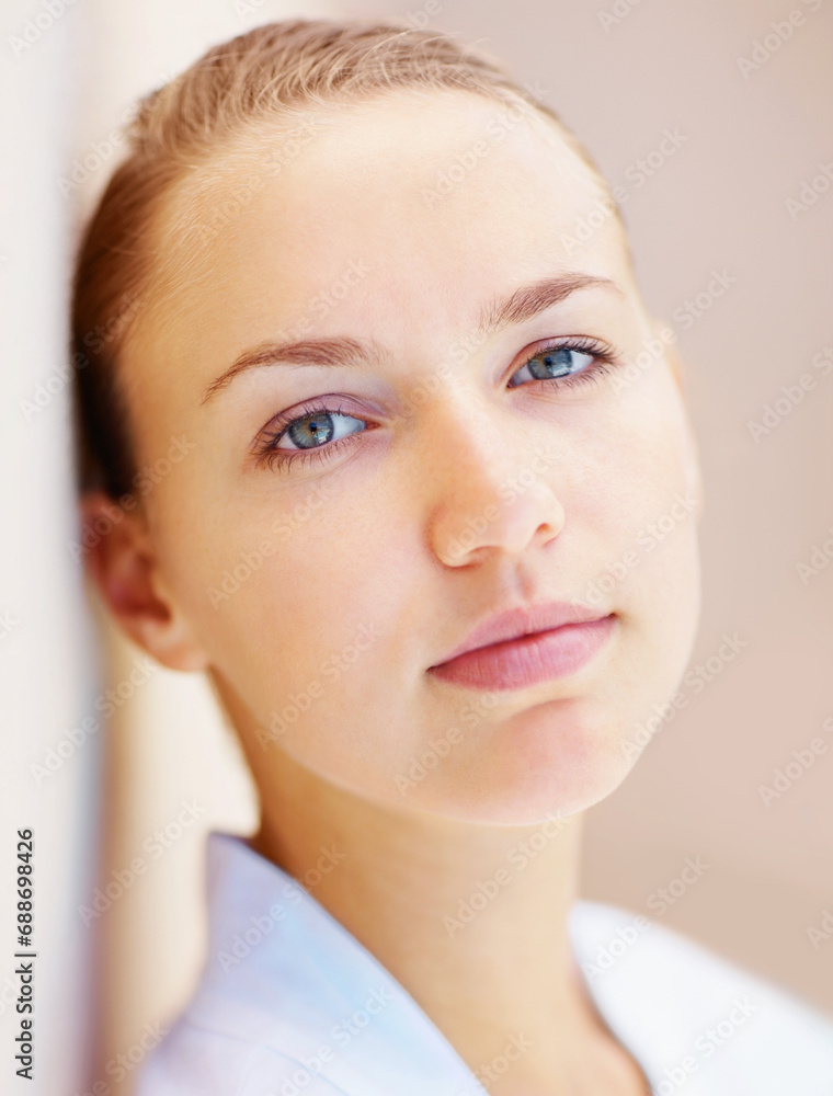 Portrait, skincare and beauty with a young woman on a wall background for wellness or natural treatment. Face, relax and aesthetic with a person at the spa or salon for dermatology or self care Portrait, skincare and beauty with a young woman on a wall background for wellness or natural treatment. Face, relax and aesthetic with a person at the spa or salon for dermatology or self care