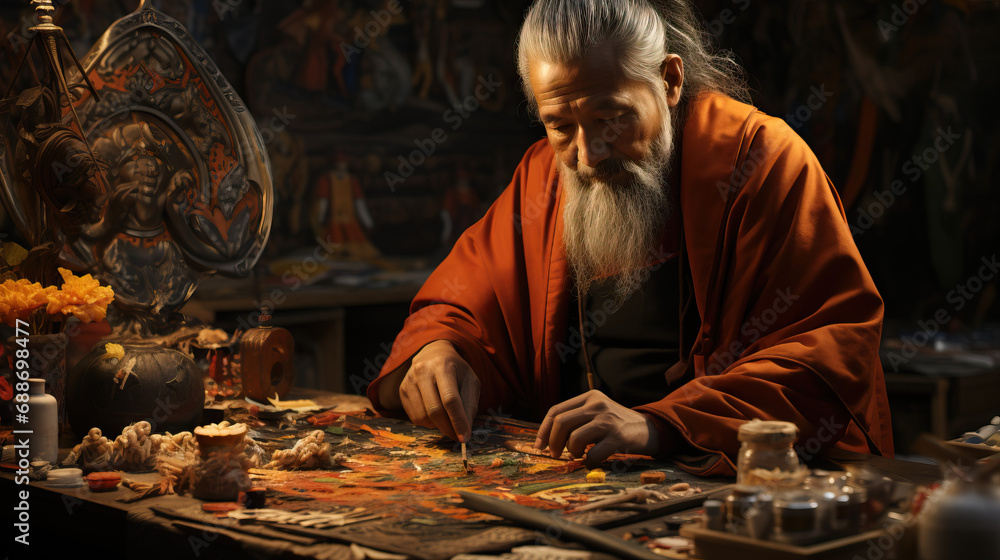 Tibetan Monastery Thangka Painter. Concept of Spiritual Artistry, Cultural Heritage, and Sacred Tradition. Tibetan Monastery Thangka Painter. Concept of Spiritual Artistry, Cultural Heritage, and Sacred Tradition.