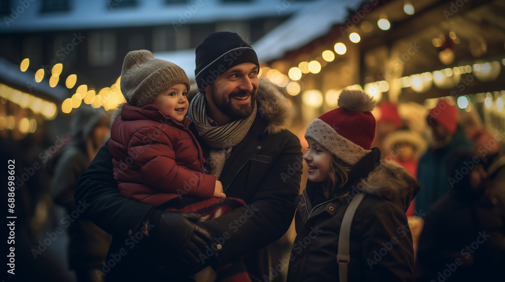 Familia en mercadillo navideño, padre y dos niños con ropa de abrigo para el invierno