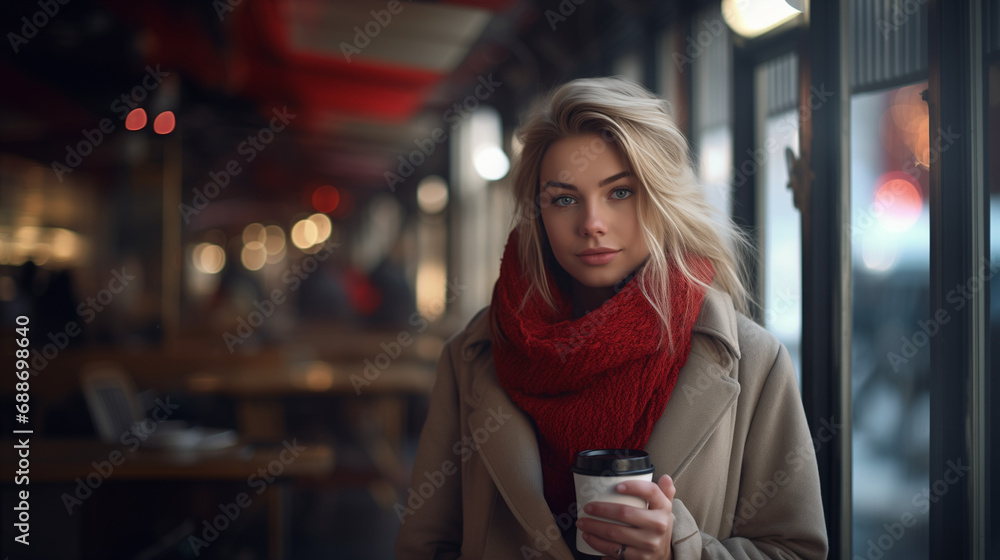 modelo joven rubia de pelo largo con bufanda roja con un café en la mano sobre fondo de cafetería difuminada modelo joven rubia de pelo largo con bufanda roja con un café en la mano sobre fondo de cafetería difuminada