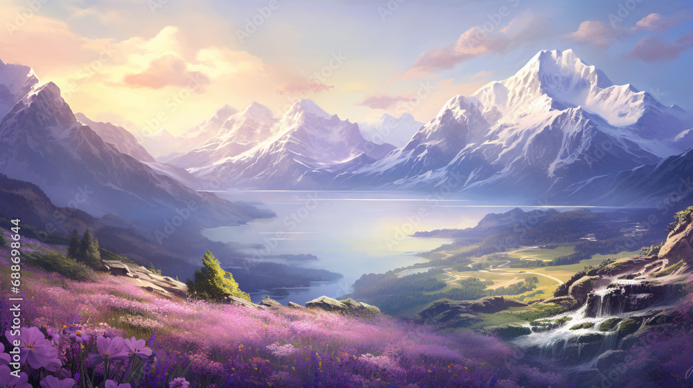 Fototapeta premium A valley covered with lavender and flowers is surrounded by snow-capped mountains