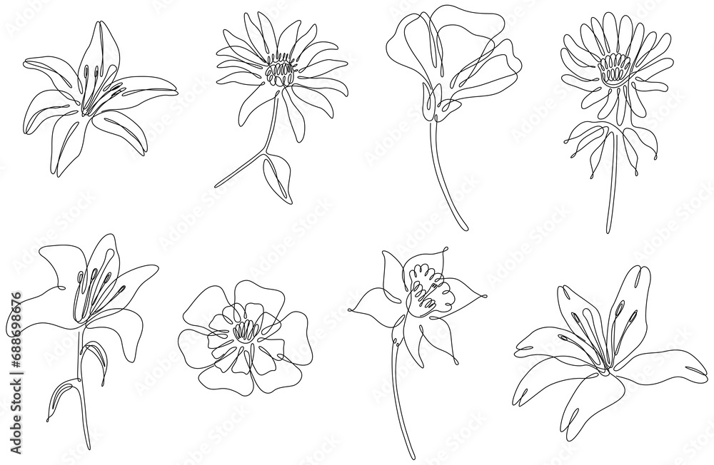 custom made wallpaper toronto digitalFlowers isolated on white illustration collection. Wildflowers for background. Abstract botanical art. Simple minimalist art set. Continuous line drawing set.