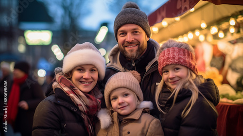Familia en mercadillo navideño, padre, madre y dos niñas con ropa de abrigo para el invierno