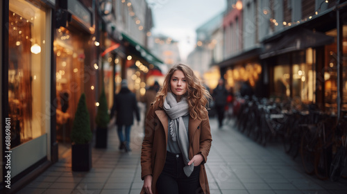 modelo joven rubia de pelo largo con ropa de invierno elegante con fondo de ciudad difuminado photo