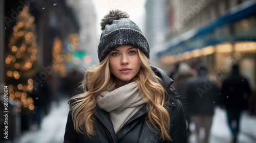 modelo joven rubia de pelo largo con ropa de invierno, ojos azules con fondo de ciudad difuminado  photo