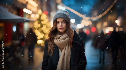 modelo joven morena de pelo largo con ropa de invierno con fondo de ciudad difuminado decoración navidad photo