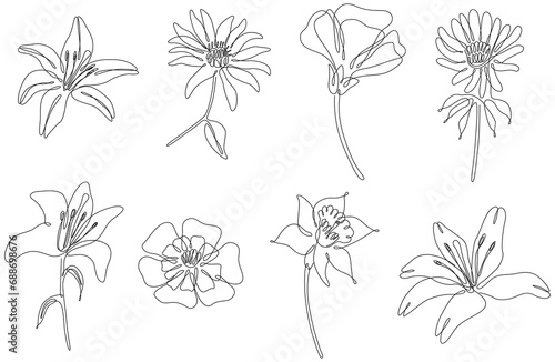 Wallpaper Mural Flowers isolated on white illustration collection. Wildflowers for background. Abstract botanical art. Simple minimalist art set. Continuous line drawing set. Torontodigital.ca