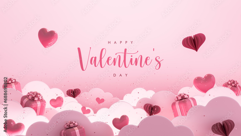 Gift boxes and hearts among clouds on rose pink background with text. Valentine's Day greeting card design. 3D Rendering, 3D Illustration