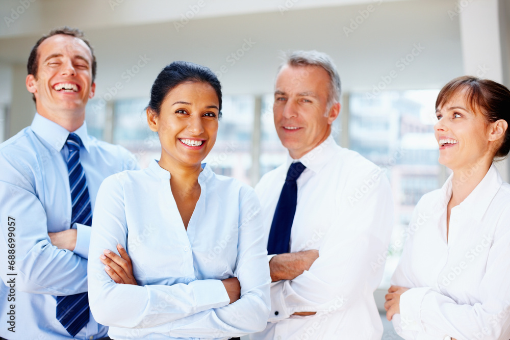 Fototapeta premium Happy business people, portrait and laughing with arms crossed in confidence, leadership or management at office. Group of funny executive or corporate professionals smile in teamwork at workplace