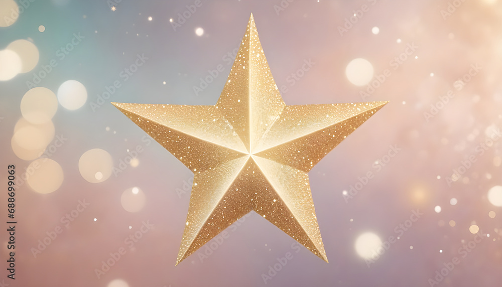 Gold star floating on glitter bokeh backdrop pastel color, a large, golden star on a soft, pink background with blurred bokeh lights. Gold star floating on glitter bokeh backdrop pastel color, a large, golden star on a soft, pink background with blurred bokeh lights.