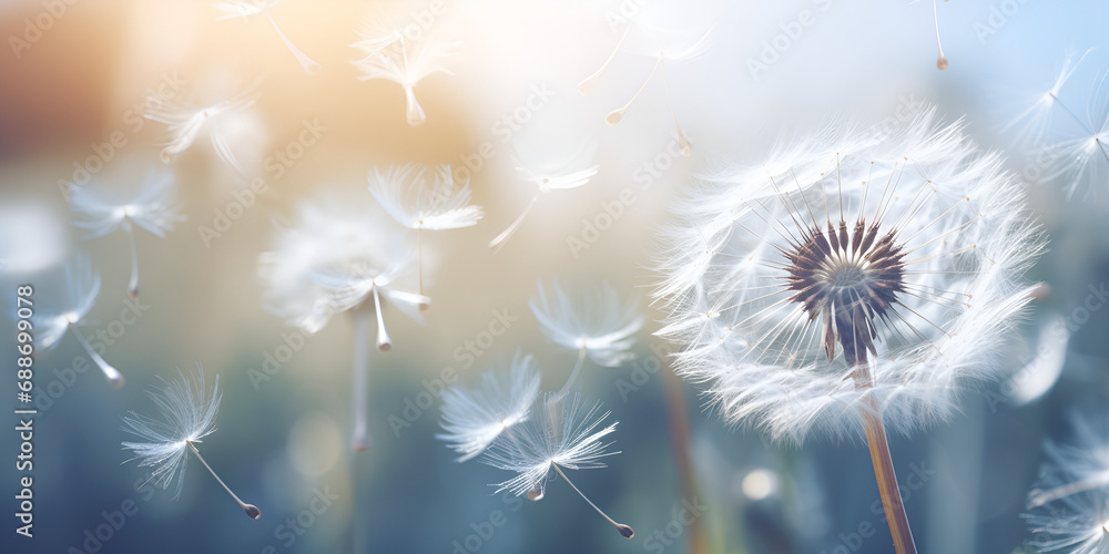Fototapeta premium Closeup of white dandelion seeds in the air, White Flowering Dandelions, dandelion seeds with drops of water on a blue dark background close-up, generative AI 
